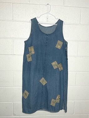 < Vintage 90’s Denim Overall Patchwork Midi Dress >